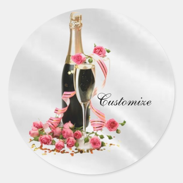 Champagner und Rose Weißseilkleber Runder Aufkleber (Vorderseite)