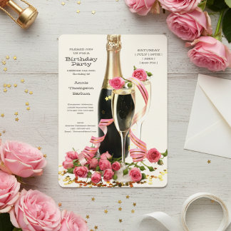 Champagner und Rose zum Geburtstag Einladung