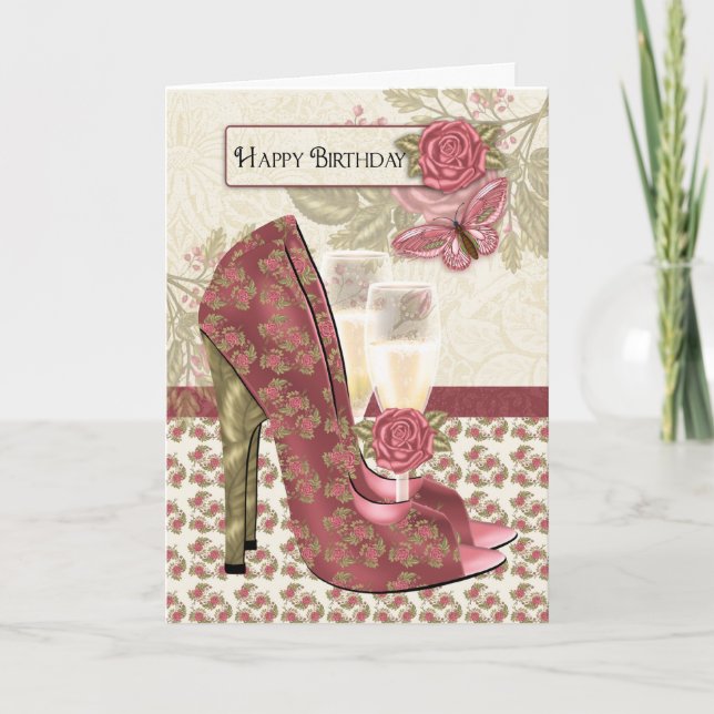 Champagner und Schuhe Schmetterling und Rose Gebur Karte (Vorderseite)