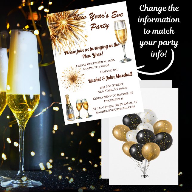 Champagner Weißer und Gold Neujahrsfeierliche Einl Einladung (Send out your New Year's Eve Party invitation with style and elegance!)