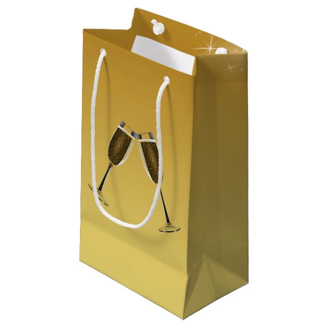 Champagnerbrille feiern auf Gold Kleine Geschenktüte (Vorderseite Schrägansicht)