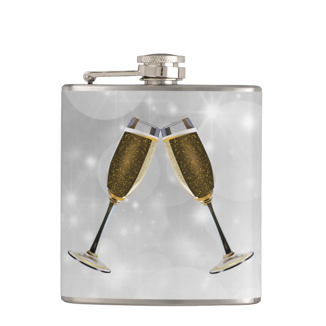 Champagnerbrille feiern Gold auf Silber Flachmann (Vorderseite)