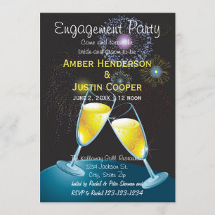 Champagnerbrille und Feuerwerk - Engagement Einladung