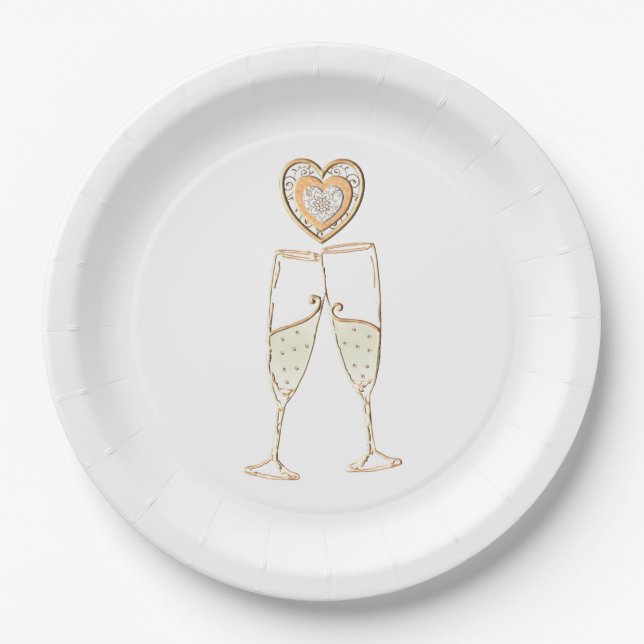 Champagnerbrille und Herz Pappteller (Vorderseite)