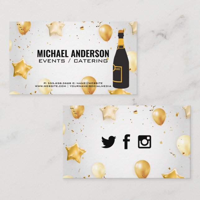 Champagnerflasche / Confetti und Balloons Visitenkarte (Vorne/Hinten)