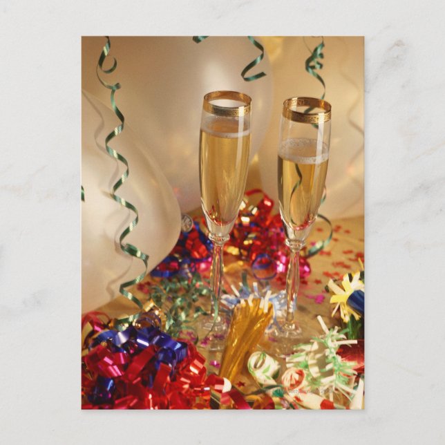Champagnerflöten, Bänder und Lärmpegel Postkarte (Vorderseite)