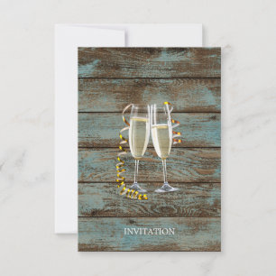 Champagnerflöten rustikale blaue Scheunenhochzeit Einladung
