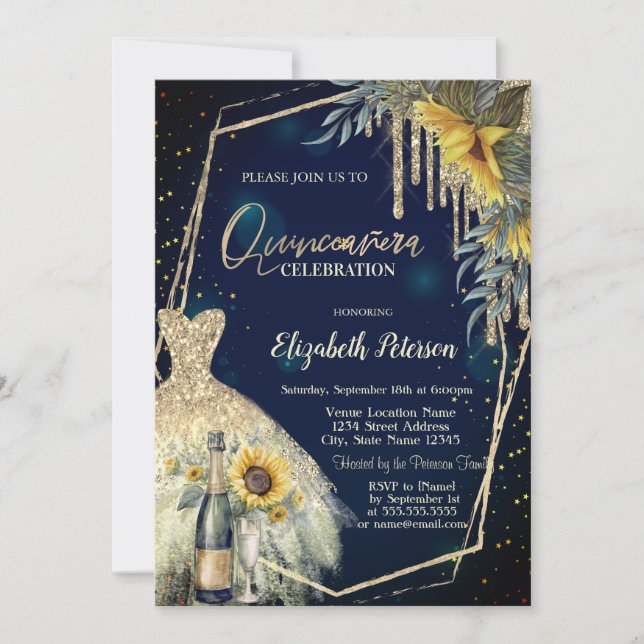 Champagnerglas, Kleid, Sonnenblumen Navy Blue Einladung (Vorderseite)