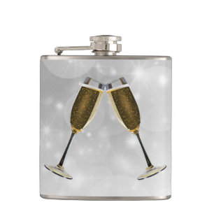 Champagnergläser Feier Gold auf Silber Flachmann