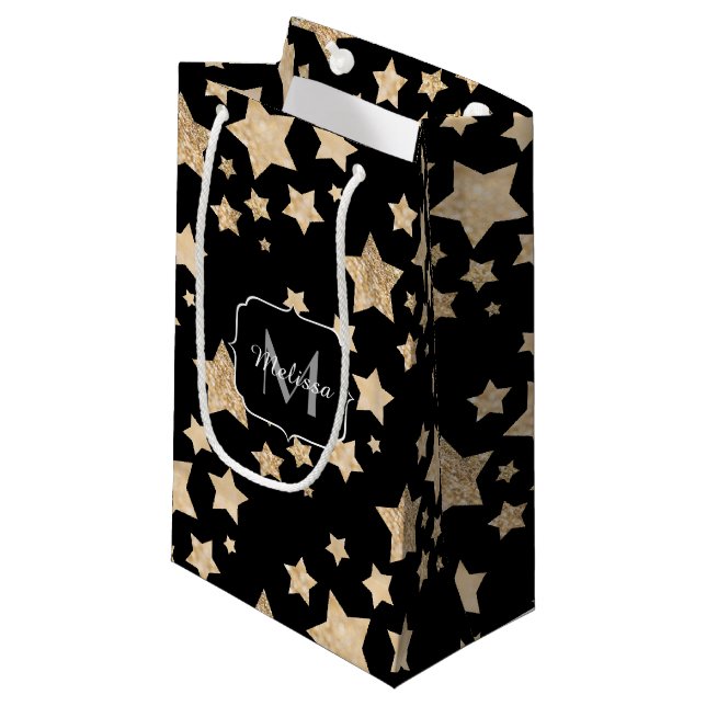 Champagnergold Glitzer funkeln Stars Monogramm Kleine Geschenktüte (Vorderseite Schrägansicht)