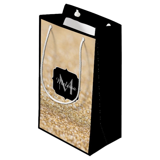 Champagnergold Imitat Glitzer Glitzern Monogram Kleine Geschenktüte (Vorderseite Schrägansicht)
