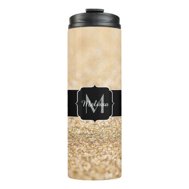 Champagnergold Imitat Glitzer Glitzern Monogram Thermosbecher (Vorderseite)
