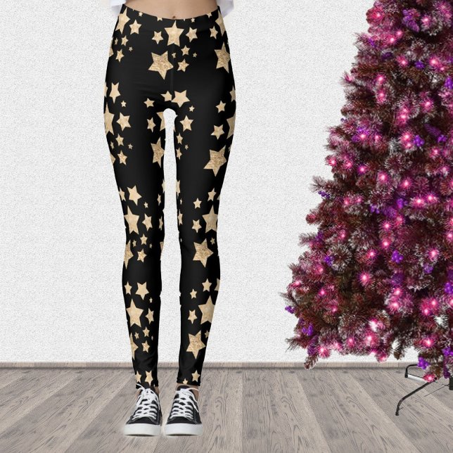 Champagnergold leichte Imitate Glitzer Glitzern St Leggings (Christmas Leggings with Champagne gold light faux glitter sparkles Stars pattern.)