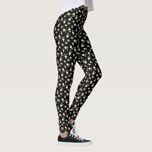Champagnerherz über schwarz geprägtes Leaf-Muster Leggings (Rechts)