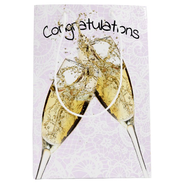Champagnertoast auf weißem Lace Mittlere Geschenktüte (Vorderseite)
