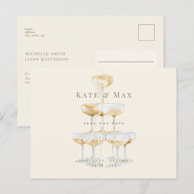 Champagnerturm Moderne Cream Wedding rettet das Da Postkarte (Vorne/Hinten)