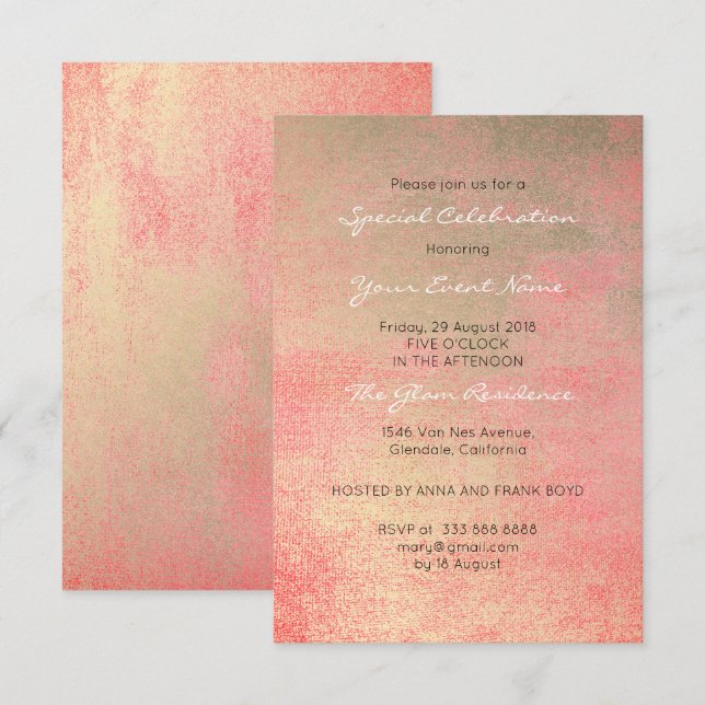 Champaign Gold Coral Sepia White Metallic Minimal Einladung (Vorne/Hinten)