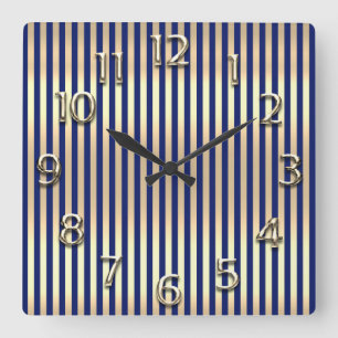 Champaigne Gold Arabic Number Blue Navy Stripes Quadratische Wanduhr