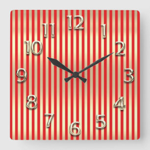 Champaigne Gold Arabic Numbers Bright Red Stripes Quadratische Wanduhr