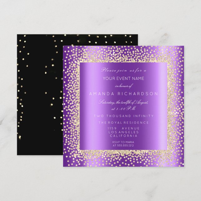 Champaigne Gold Glitzer Black Confetti Lila Plum Einladung (Vorne/Hinten)