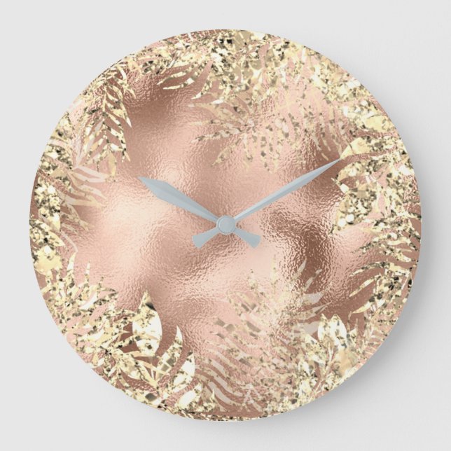 Champaigne Gold Palm Leafs Metallische Blütenblüte Große Wanduhr (Vorderseite)
