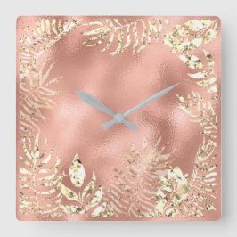 Champaigne Gold Tropical Leafs Floral Metal Blush Quadratische Wanduhr