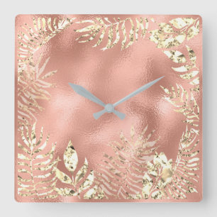 Champaigne Gold Tropical Leafs Floral Metal Blush Quadratische Wanduhr