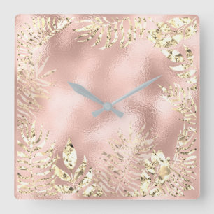 Champaigne Goldtropische Blatt-Blumenmetallrosa Quadratische Wanduhr