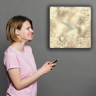 Champaigne Goldtropische Blatt-botanisches Quadratische Wanduhr