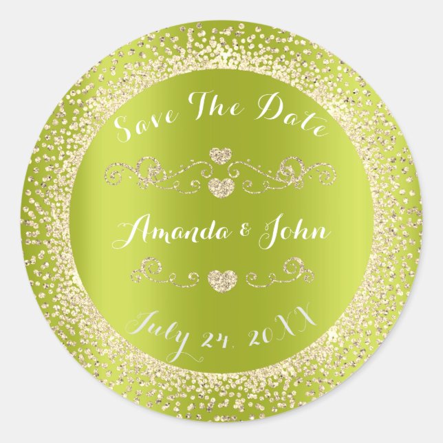 Champaigne Green Gold Glitzer Save the Date Herz Runder Aufkleber (Vorderseite)