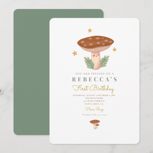 Champignon d'aquarelle Invitation premier annivers (Devant / Derrière)