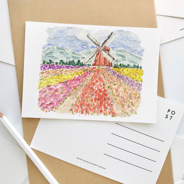 Champs de tulipe dans la carte postale de l'aquare (The Netherlands tulip fields watercolor travel postcard.)