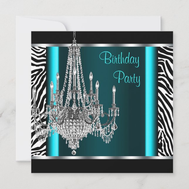 Chandelier Aquamarin Blue Zebra Birthday Party Einladung (Vorderseite)