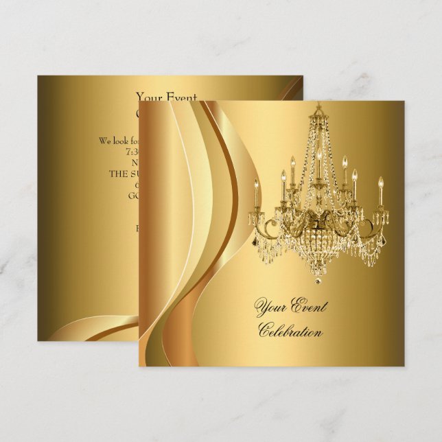 Chandelier Gold Elegantes Party Einladung (Vorne/Hinten)