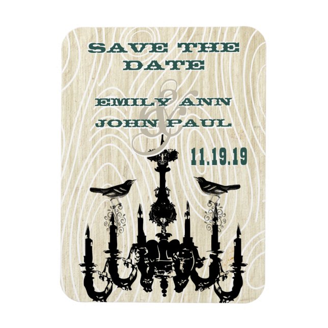 Chandelier Love Birds Wood Grain Save the Date Magnet (Vertikal)