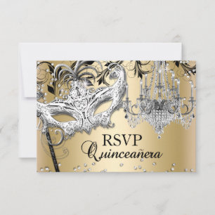 Chandelier-Maskerade Gold Quinceanera-RSVP RSVP Karte