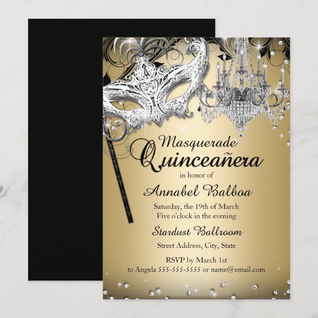 Chandelier Masquerade Gold Quinceanera Einladen Einladung (Vorne/Hinten)