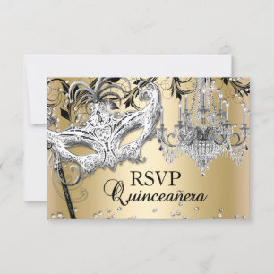 Chandelier Masquerade Gold Quinceanera UAWG RSVP Karte