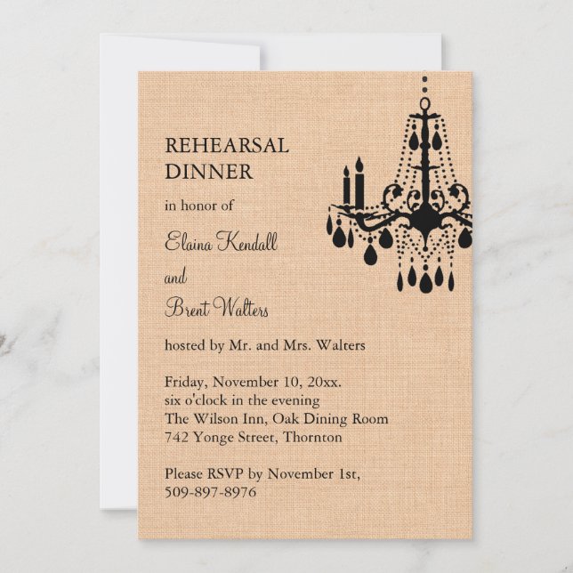Chandelier sur Burlap Rehearsdinner Invitation (Devant)