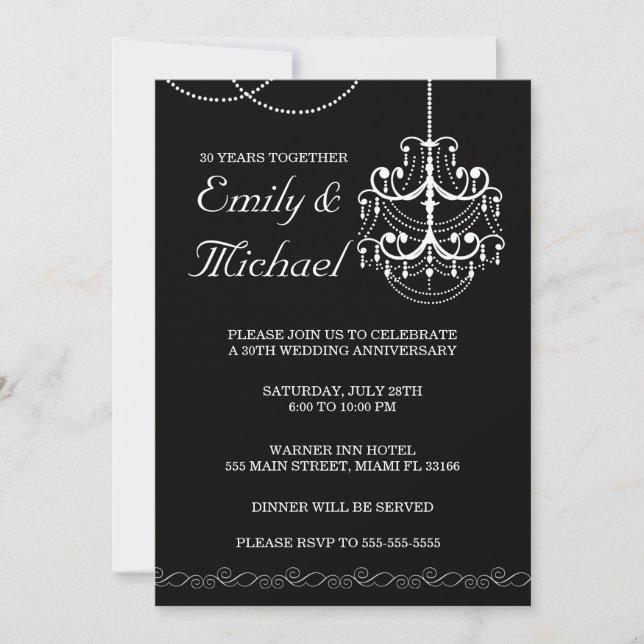Chandelier Wedding Anniversary Black Invitation Einladung (Vorderseite)