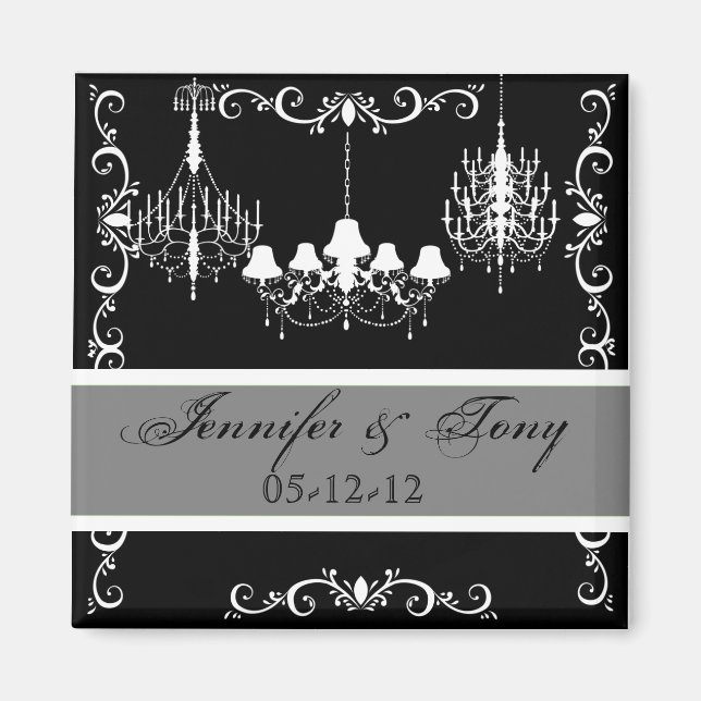 Chandeliers Black and Gray Names and Date Magnet (Vorne)