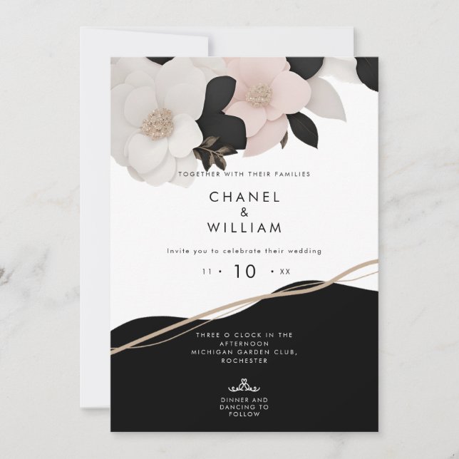 Chanel Schwarz-Weiß Bejewele Blumen Hochzeit Einladung (Vorderseite)