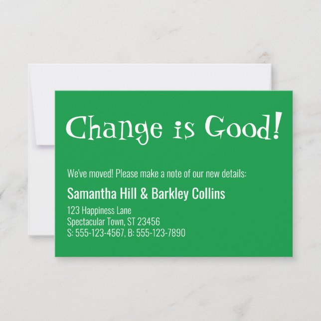 "Changer est bon" Kelly Green Nouvelle carte d'adr (Devant)