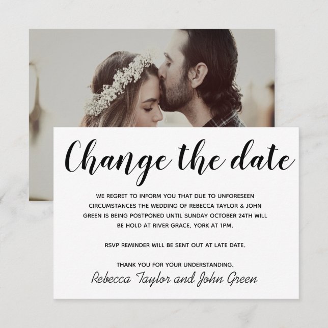 Changer la date de report de mariage simple carte  (Devant / Derrière)