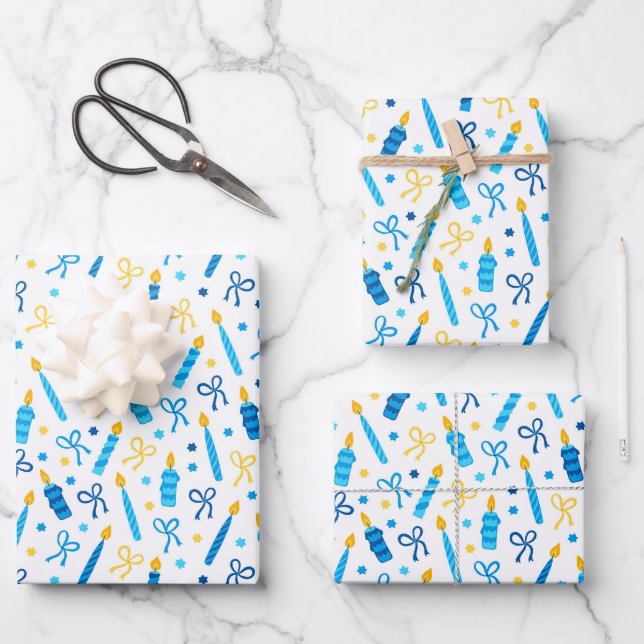 Chanukah Candles Burning White Blue Gold Geschenkpapier Set (Vorderseite)