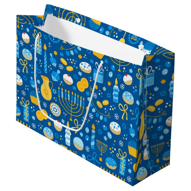 Chanukah Celebrating Gelt Blue Große Geschenktüte (Vorderseite Schrägansicht)