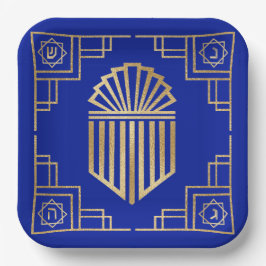 Chanukah/Hanukkah Art Deco Gold Blue Dreidels Pappteller