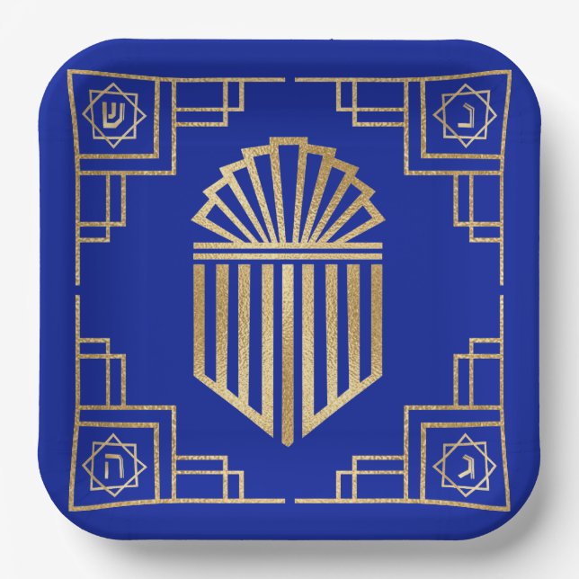 Chanukah/Hanukkah Art Deco Gold Blue Dreidels Pappteller (Vorderseite)
