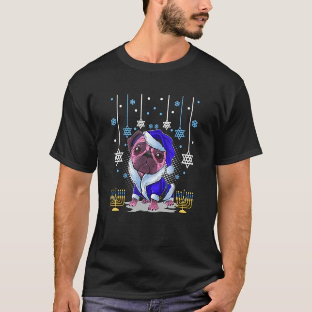 Chanukah Hanukkah Pajama Jüdischer Mops Dog Menora T-Shirt (Vorderseite)