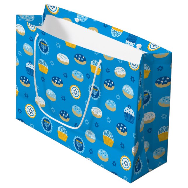 Chanukah Jewish Star Cupcakes Blue Große Geschenktüte (Vorderseite Schrägansicht)